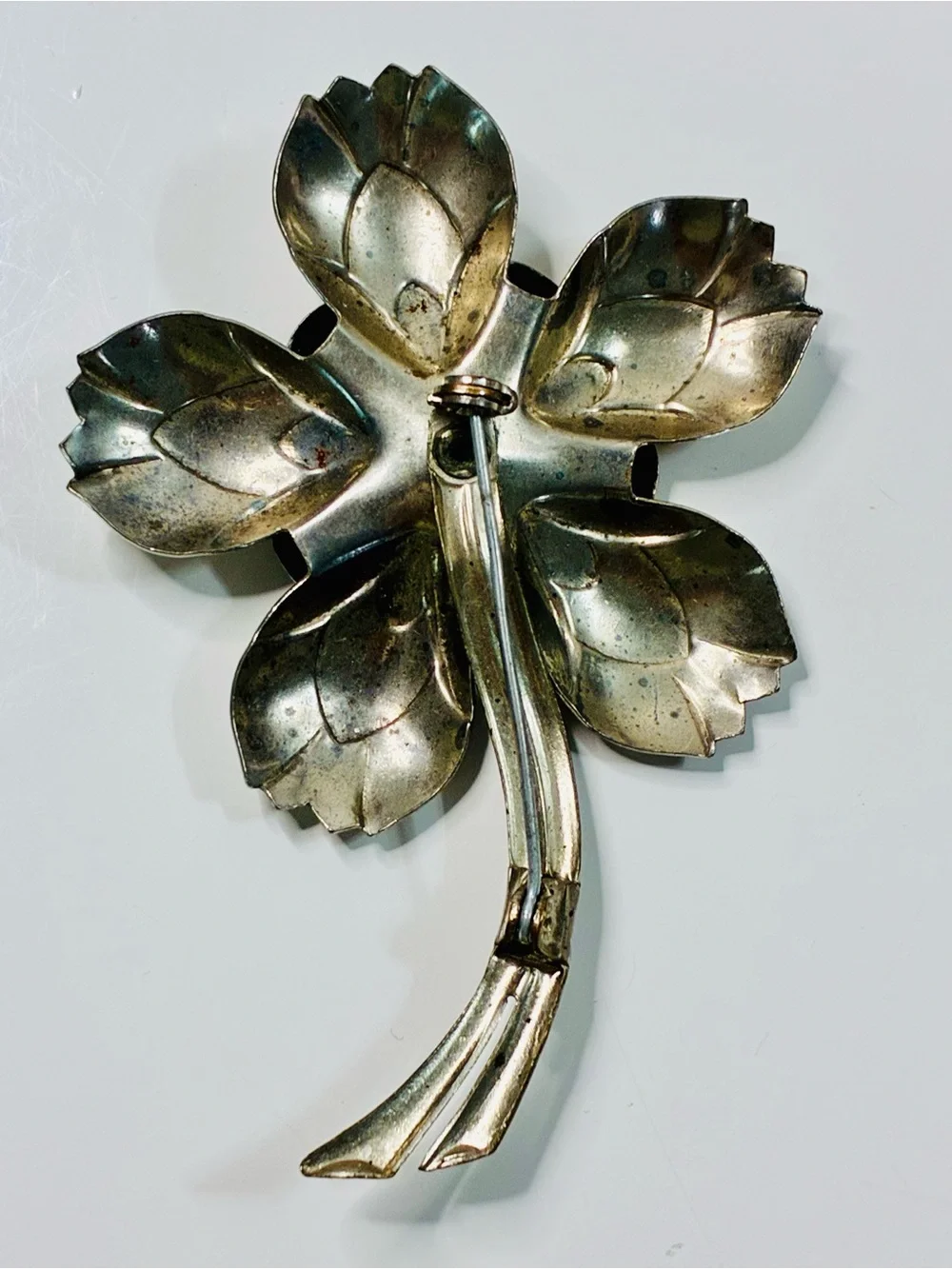 Vintage Estate Heirloom Flower Brooch with Green Glass Center